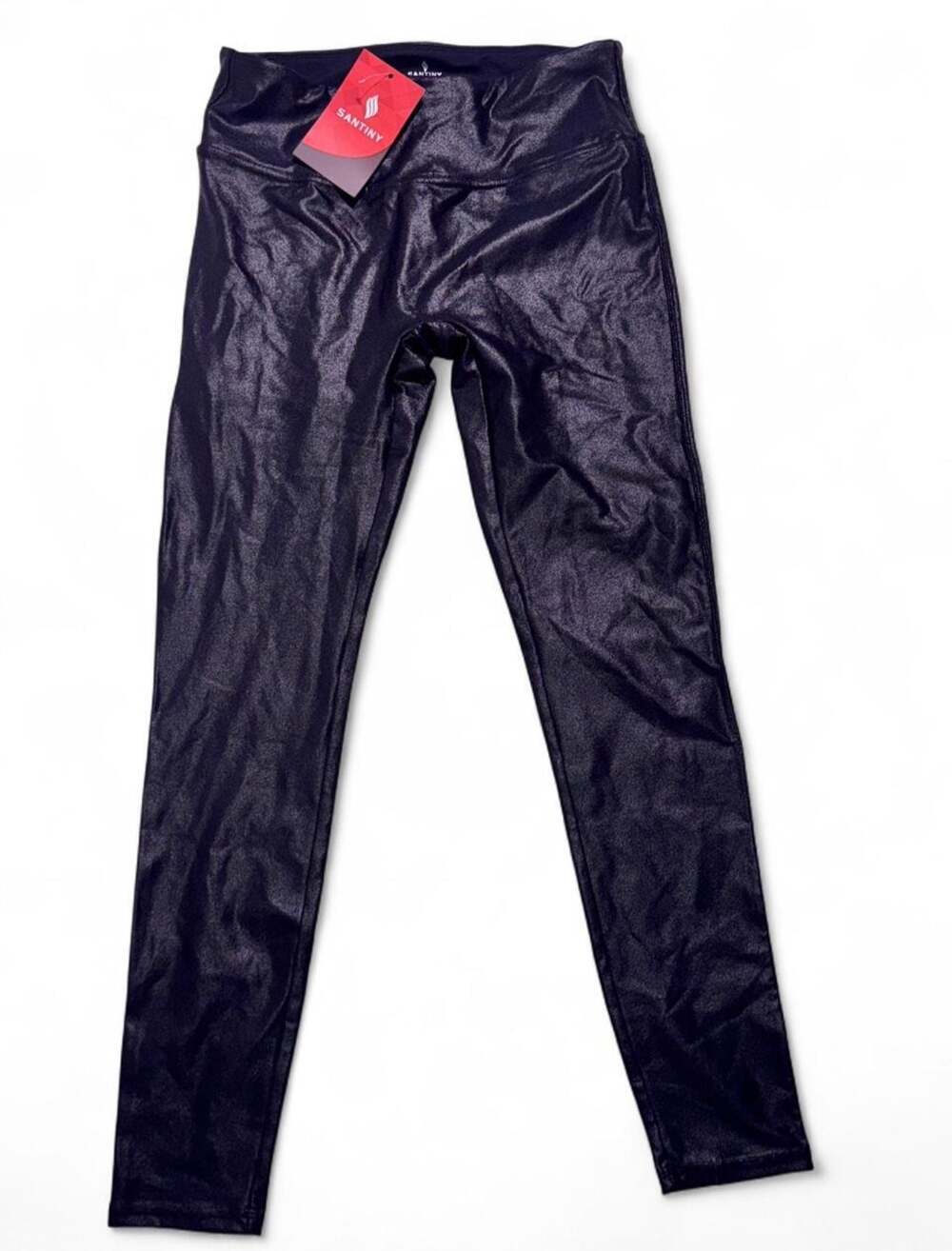 SANTINY Faux Leather Metallic High Waisted Leggings